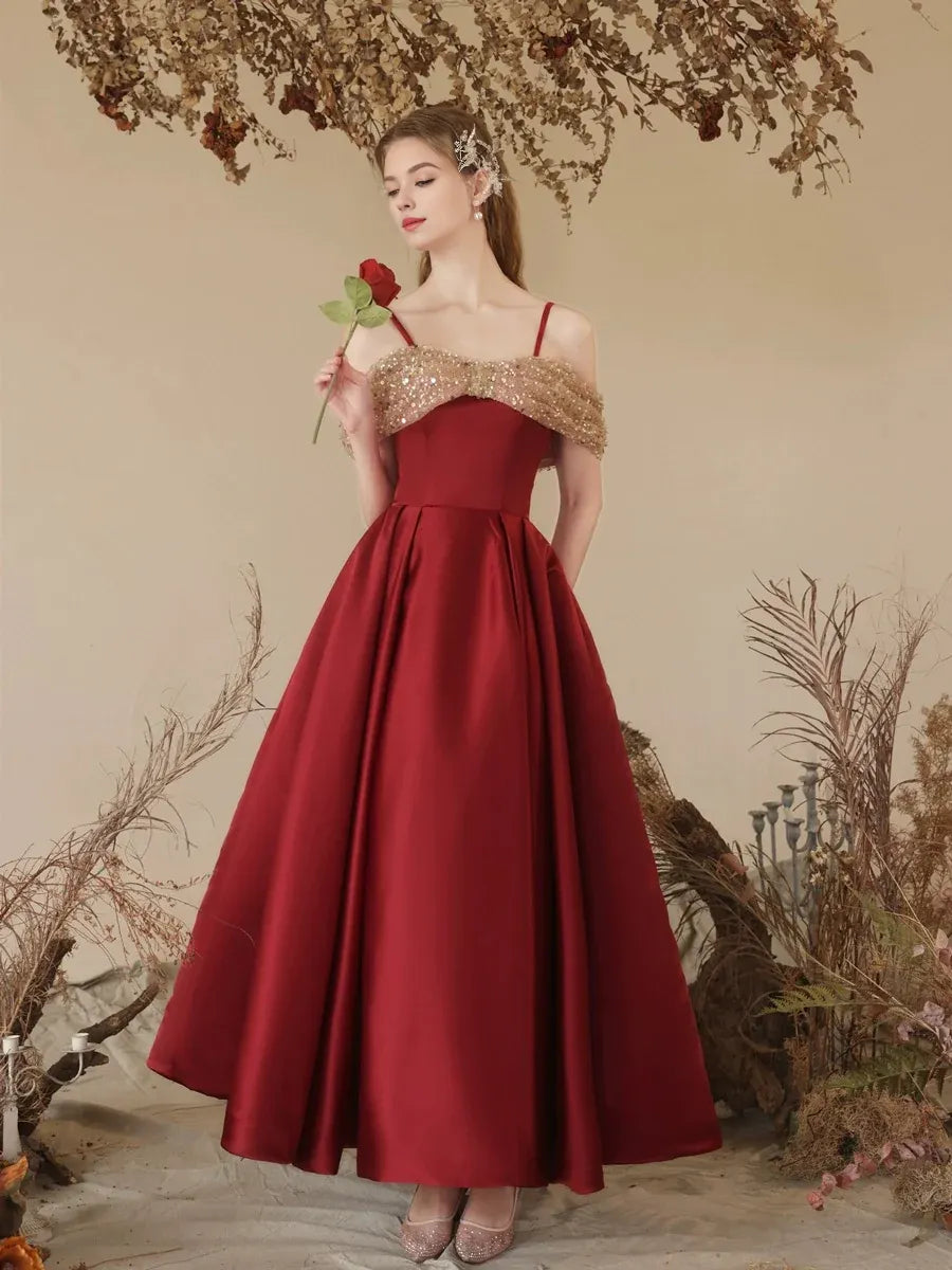 Wholesale A-Line Off Shoulder Sweetheart Neck Tea Length Burgundy Prom Dress gowns evening dresses